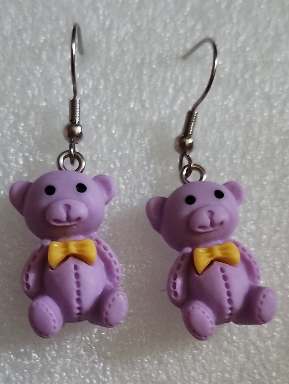 Hand Crafted Lavender Teddy Bear Earrings with Yellow Bows